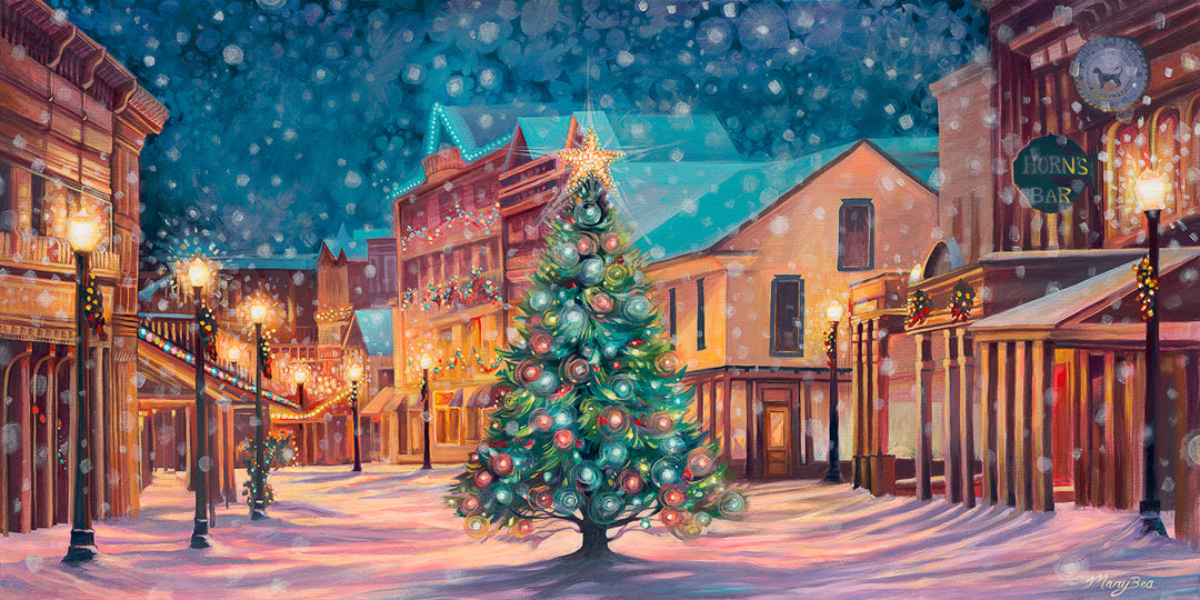 Christmas on Main Fine Art Print by Mary Bea McWatters. Christmas tree in a snowy town square with festive decorations and streetlights.