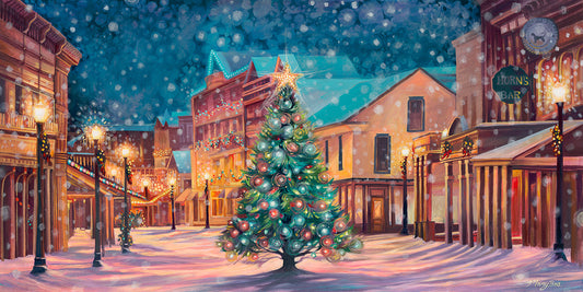 Christmas on Main Fine Art Print by Mary Bea McWatters. Christmas tree in a snowy town square with festive decorations and streetlights.