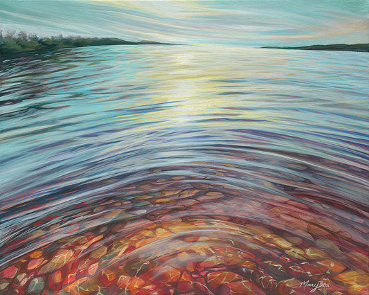 Copper Fine Art Print by Mary Bea McWatters. Colorful painting of a lake with underwater stones and sunlight