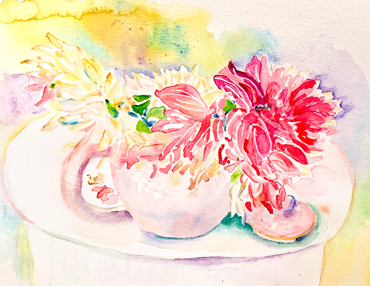 Dahlias & Teapot. Original watercolor painting by Megan Swoyer.  10 x 7 in. Cold press fine art paper.