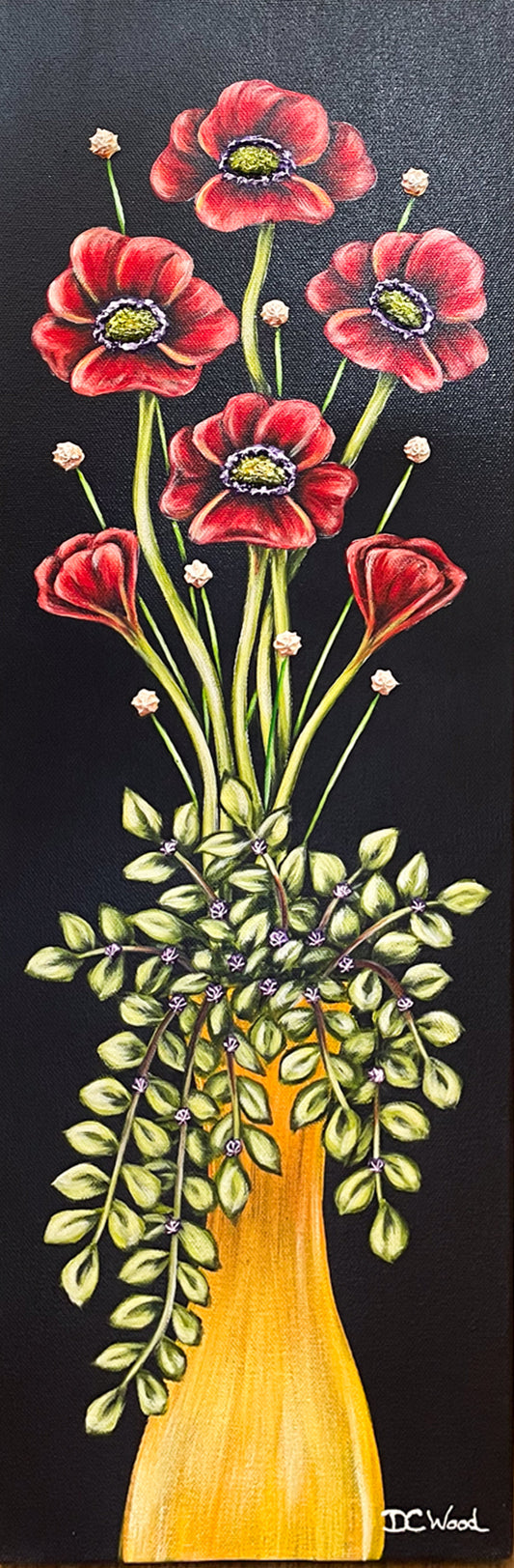 Contemporary floral painting featuring red poppies in a yellow vase by Denise Cassidy Wood of Northville, Mich.