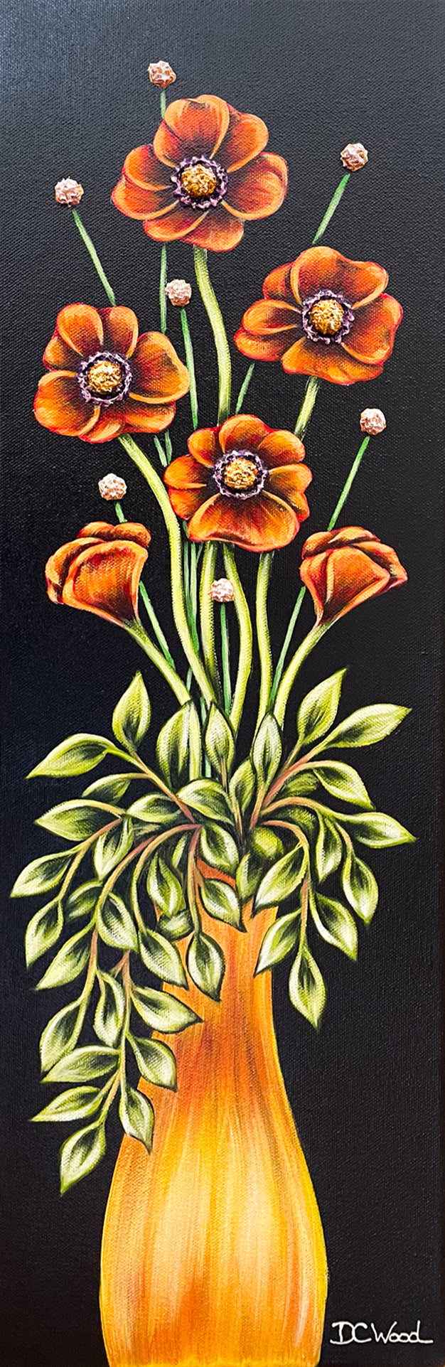 Contemporary floral painting featuring orange poppies in a yellow vase by Denise Cassidy Wood of Northville, Mich.