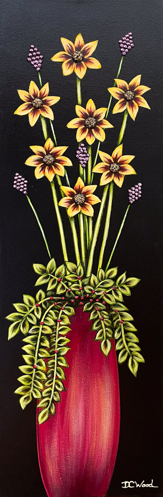 Contemporary floral painting featuring yellow daisies in a red vase by Denise Cassidy Wood of Northville, Mich.