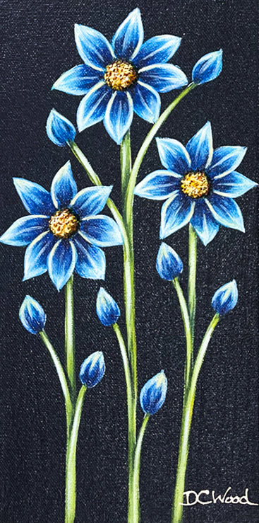 Blue "Petite Blooms" contemporary floral paintings by Denise Cassidy Wood of Northville, Mich.