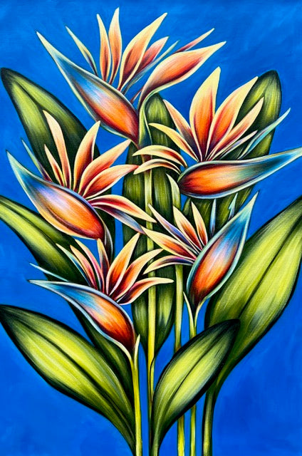 Birds of Paradise painting by Denise Cassidy Wood of Northville, Mich. Original, artist-signed, acrylic and mixed-media on gallery-wrapped canvas painting.