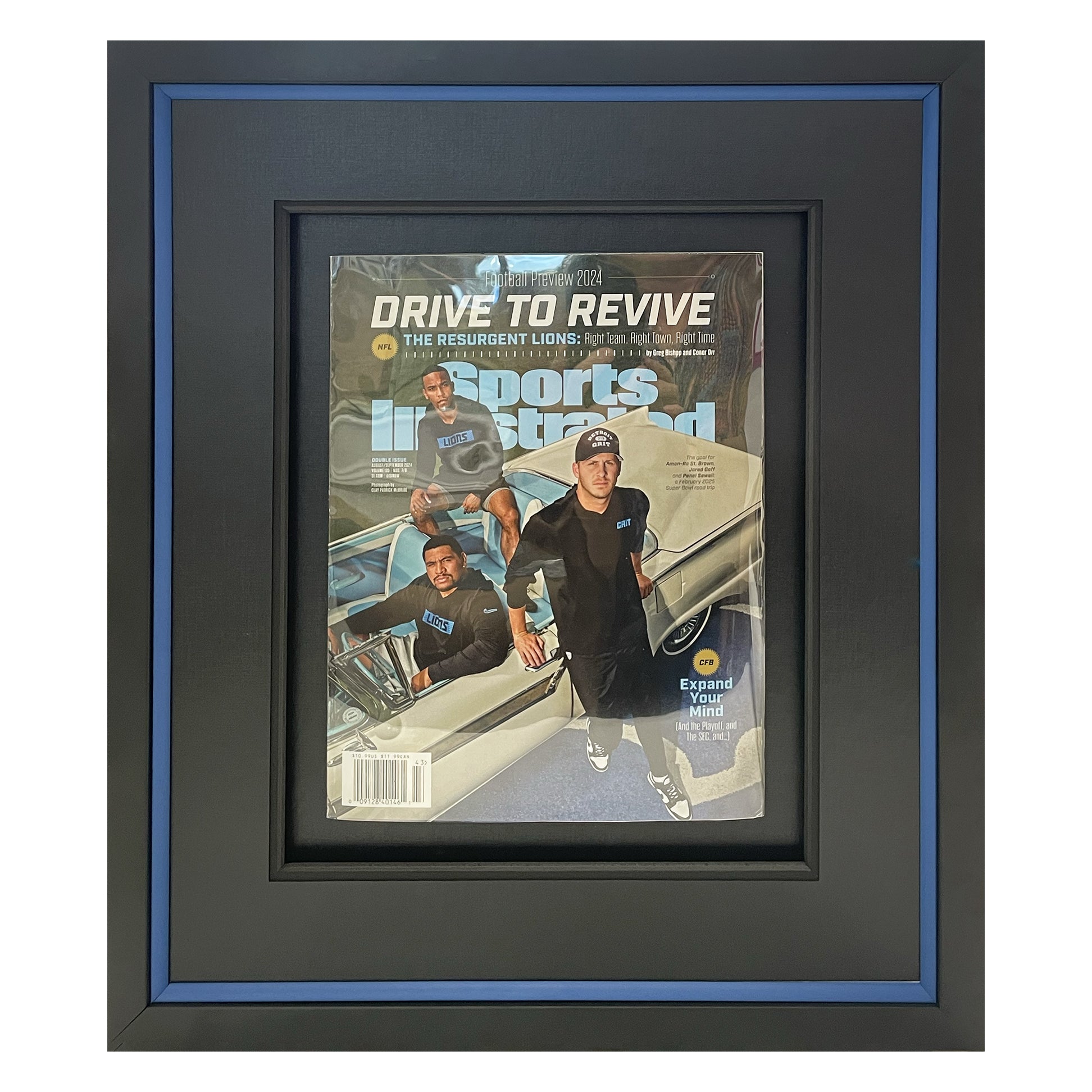 Celebrate the Detroit Lions' victory streak with a custom framed copy of the Sports Illustrated Football Preview 2024 issue. Must-have art for any Lions fan!