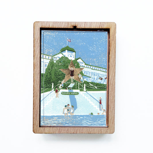 Decorative magnet featuring the block print, "Esther Williams, the Water Ballerina," by Peninsula Prints. The magnet has a protective clear coating and wooden frame.