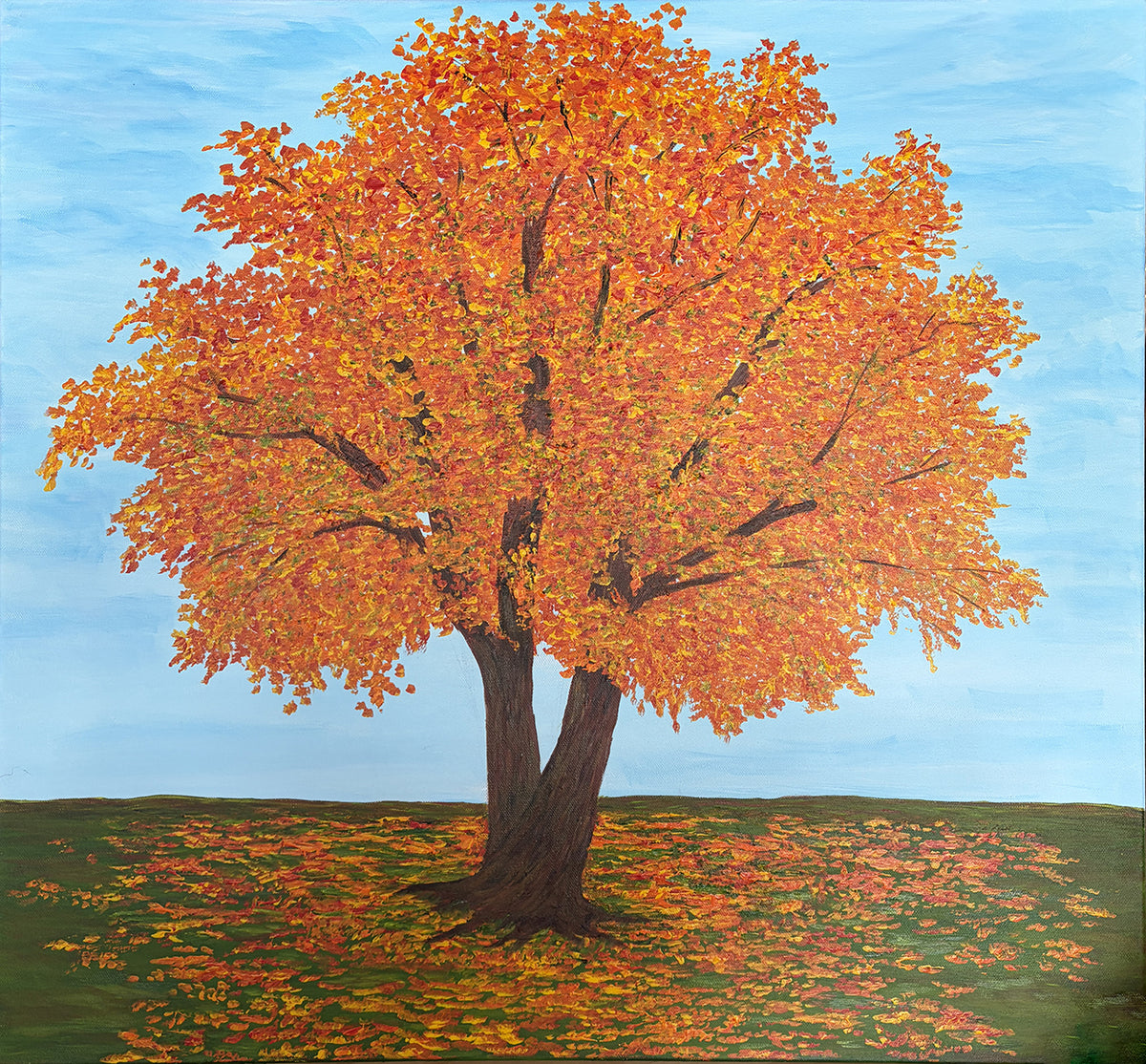 A painted autumn landscape featuring a large tree with bright orange and yellow foliage, dark brown trunks, a blue sky, and a green ground covered with fallen leaves.