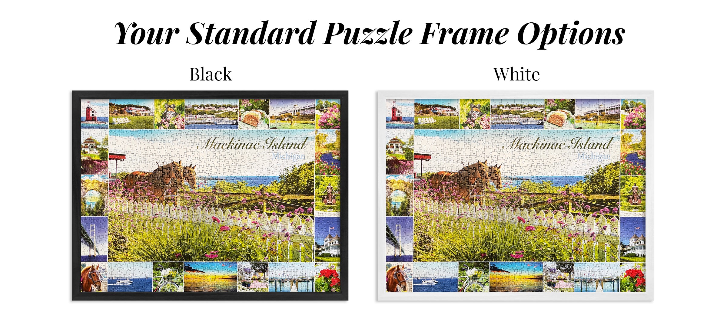 Two puzzle frames with different color options on a white background