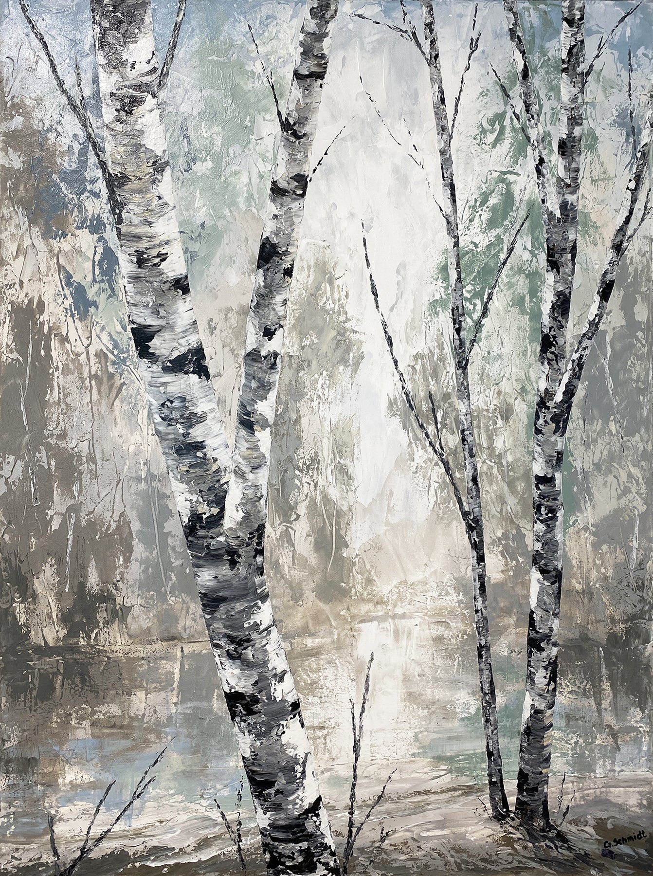 Morning Mist by Gerd Schmidt. A stunning original painting of birch trees by Gerd Schmidt that showcases the beauty of quiet forest scenery.