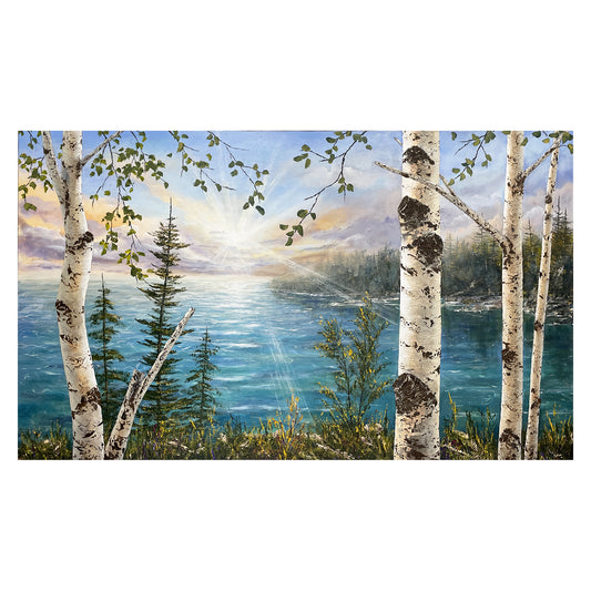 Sunset on the Lake - Acrylic painting of birch trees by Michigan artist Gerd Schmidt.