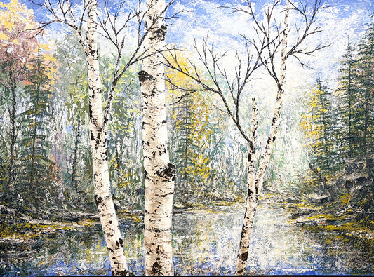 Impressionistic landscape painting of birch trees by a reflective pond in a forest, with blue sky, green and yellow foliage, and textured brushstrokes.
