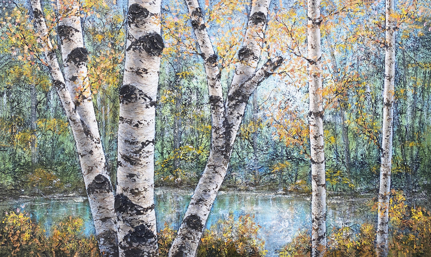 Woodland Birches by Gerd Schmidt. A stunning original painting of birch trees and a woodland pond by Gerd Schmidt that showcases the beauty of quiet forest scenery.