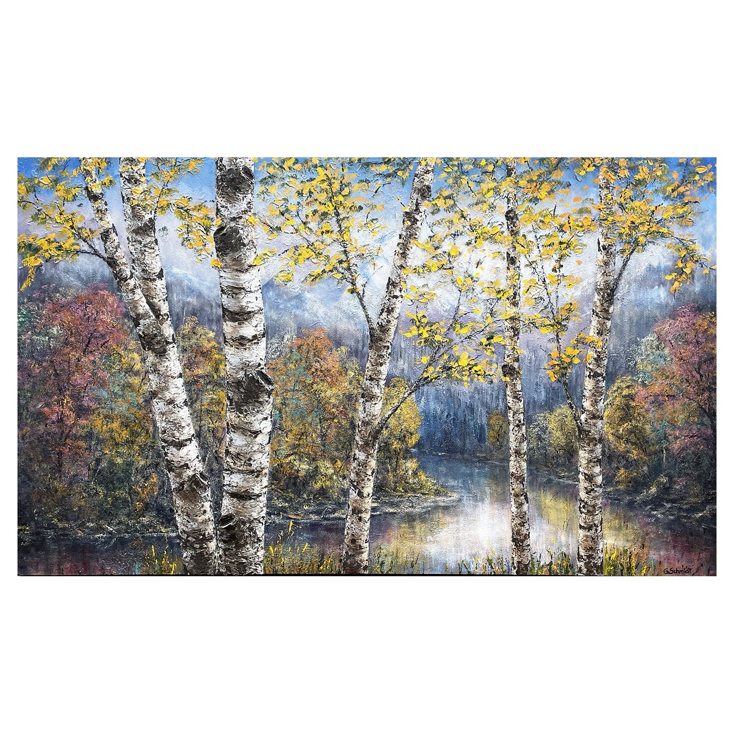 Birch Woodland River - an original acrylic of birch trees by Michigan artist Gerd Schmidt.