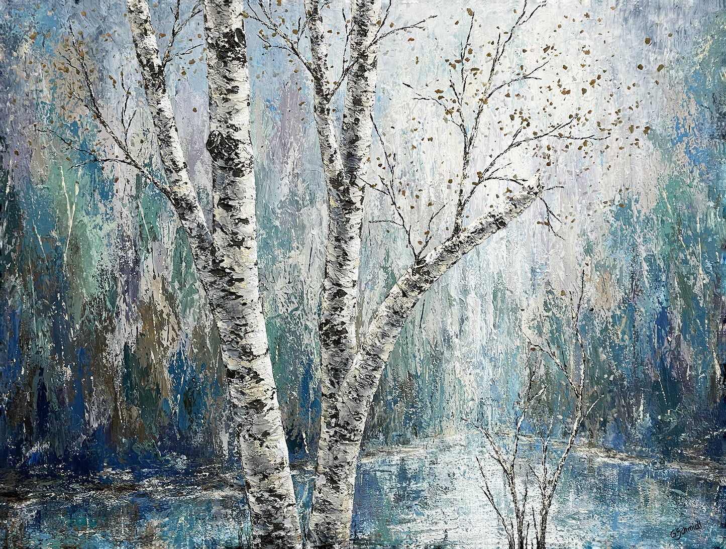 Quiet Forest birch tree painting by Gerd Schmidt.  