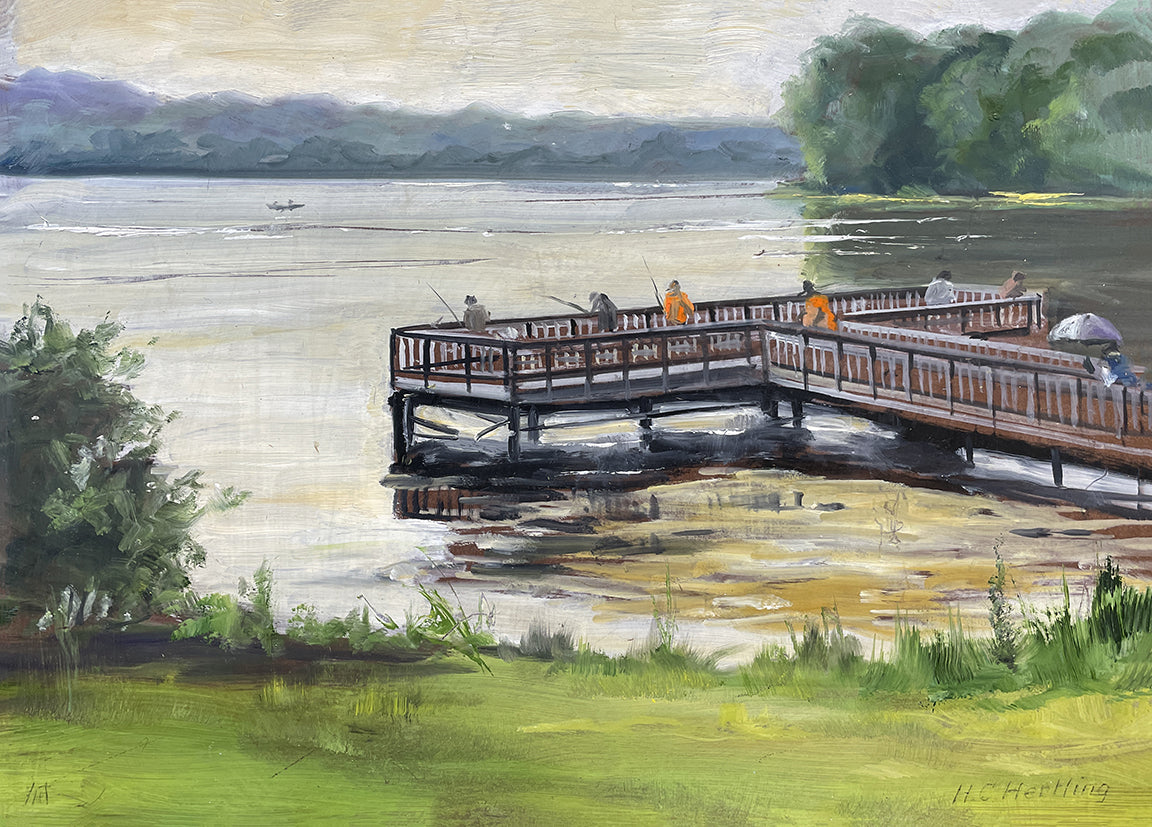 Painting of a dock with people fishing on a lake by Heiner Hertling.