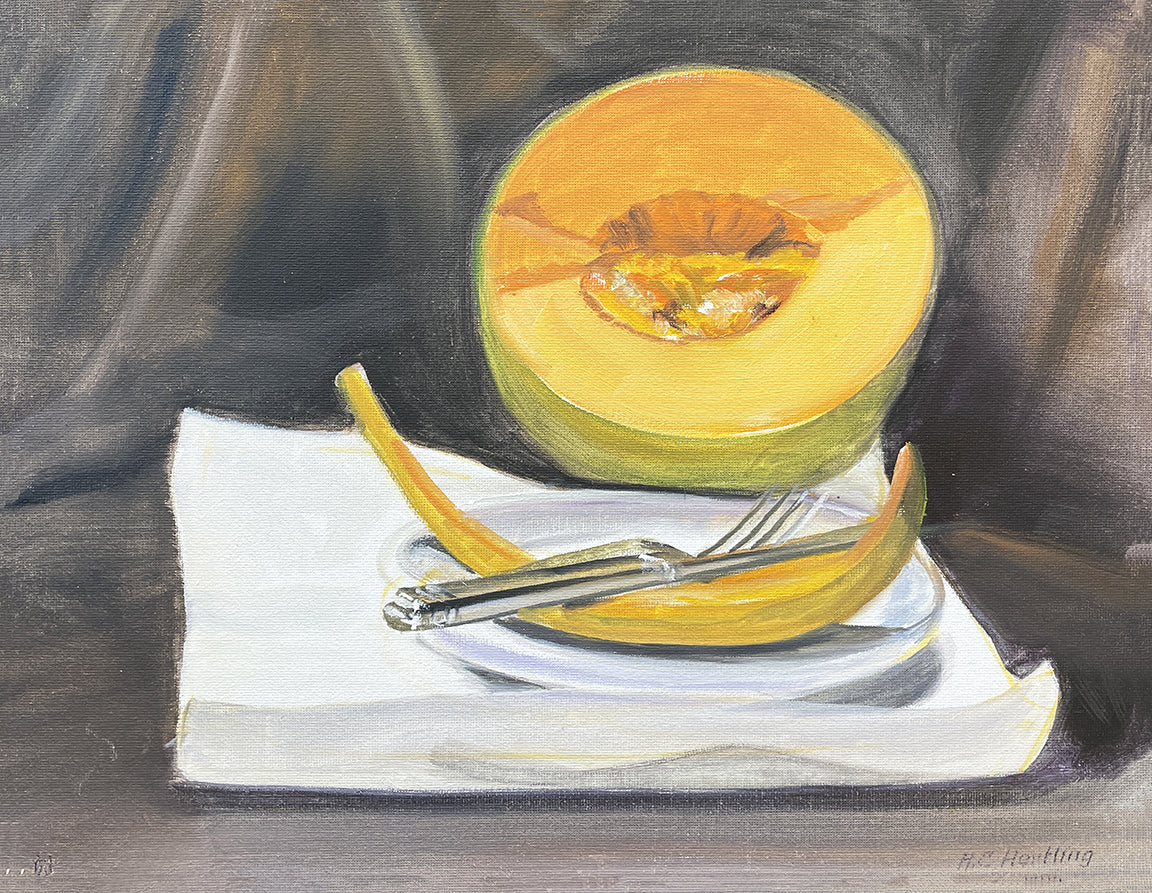 Heiner Hertling’s oil painting of a Howell melon celebrates the juicy vibe of melon harvest season.