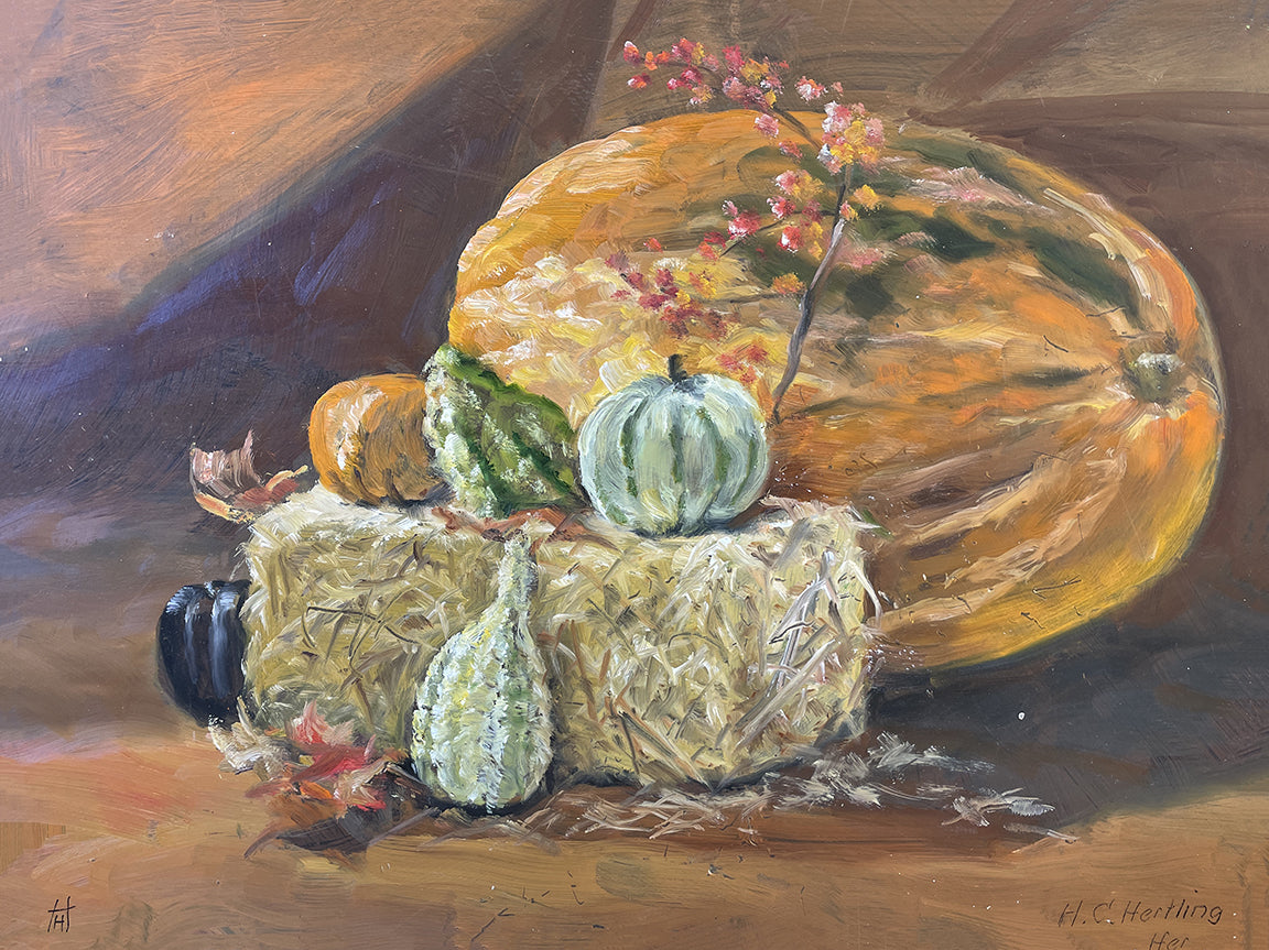 Heiner Hertling’s "Pumpkin Harvest" oil painting captures the rich essence of autumn. This piece reflects the rustic charm of the harvest season.