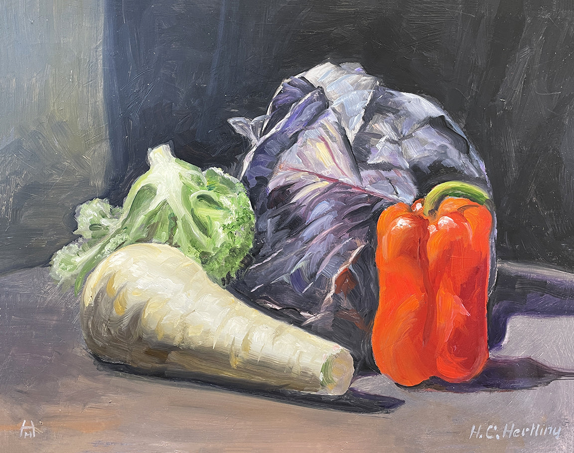 Heiner Hertling’s oil painting playfully bursts with the vibrant energy of red pepper season.