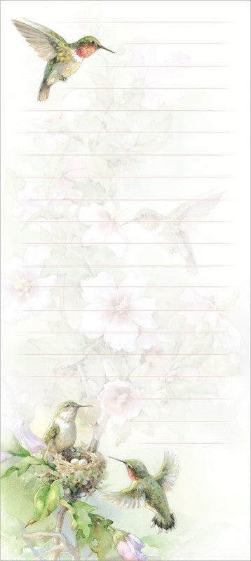 Hummingbird Hello.  Each magnet list pad has 50 sheets and is printed on a soft recycled writing paper.  The magnet is mounted on the heavy duty stiff backing board. Printed in the USA.