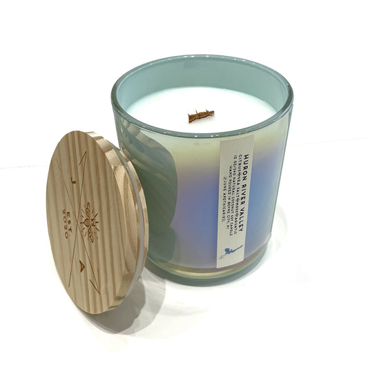 Huron River Valley Iridescent Aqua Glass Candle by June Apothecarie featuring coconut soy wax.