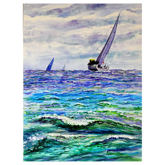 Celebrate the thrill of Great Lakes sailing with original art.  "In the Race" is a watercolor by Michigan Artist Janice Dumas.  The piece is inspired by sailors racing their yachts along the Lake Huron coast on their way to Mackinac Island from Bayview Yacht Club in Detroit.