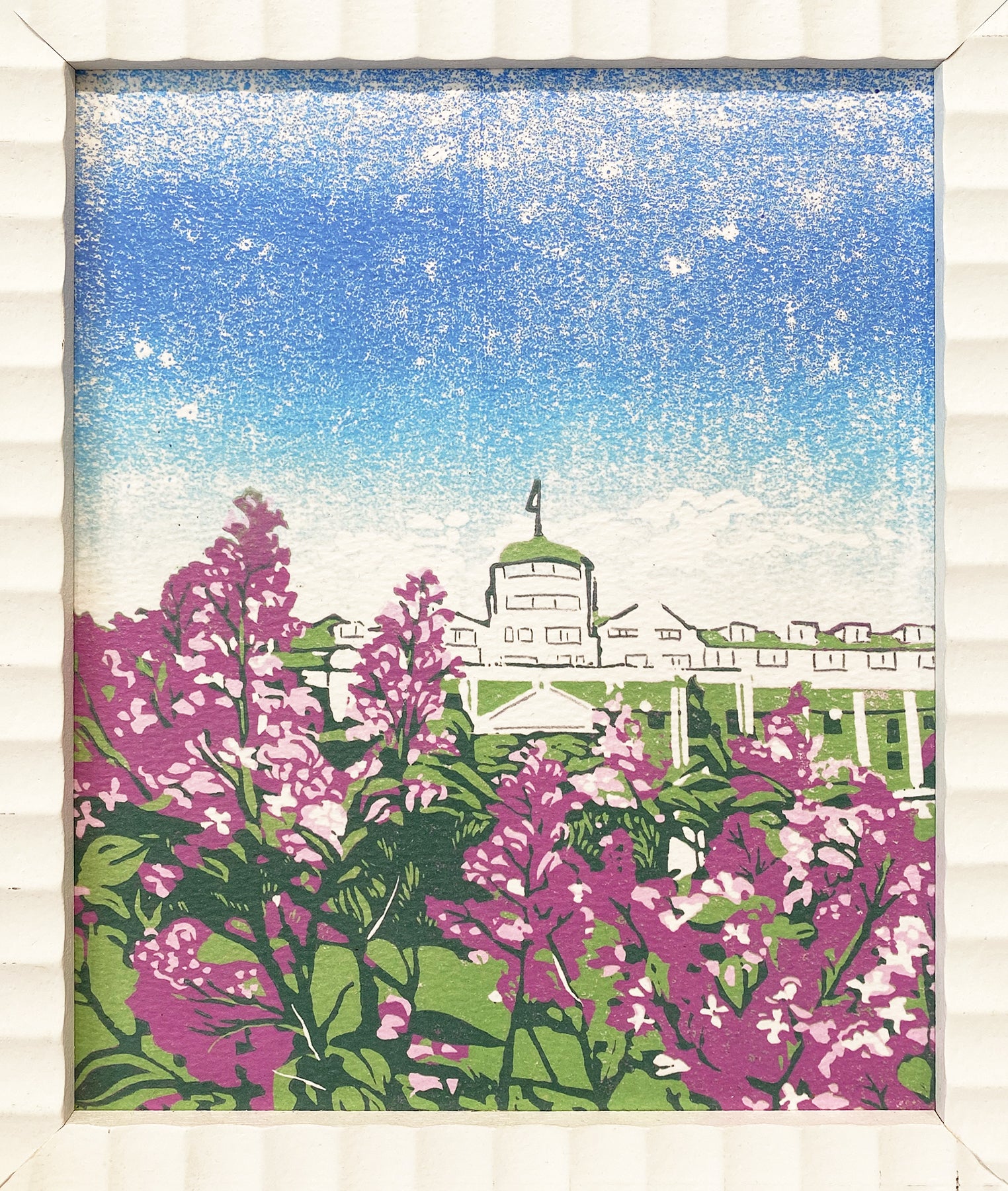 Each June, lilacs create a canopy of fragrance on Mackinac Island. This block print design was inspired by lovely lilacs blooming in the Tea Garden of the Grand Hotel. 