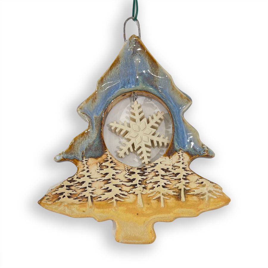 Tree w/ Snowflake Ceramic Ornament (Blue & Tan) by Michigan artist Jeanne DeHaan.