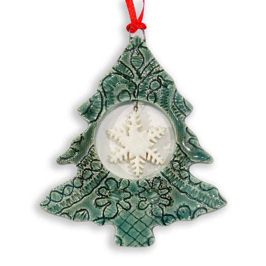 Tree w/ Snowflake Ornament (Green) by Michigan artist Jeanne DeHaan.