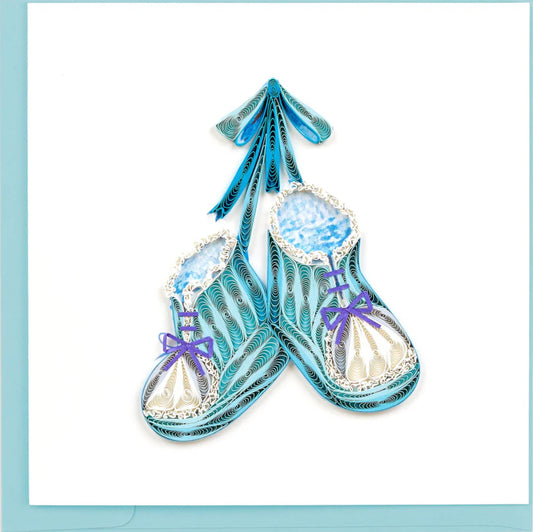 Quilled Knitted Blue Baby Booties Greeting Card