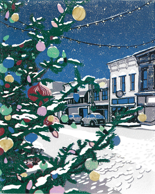 Small Town Christmas Original Block Print