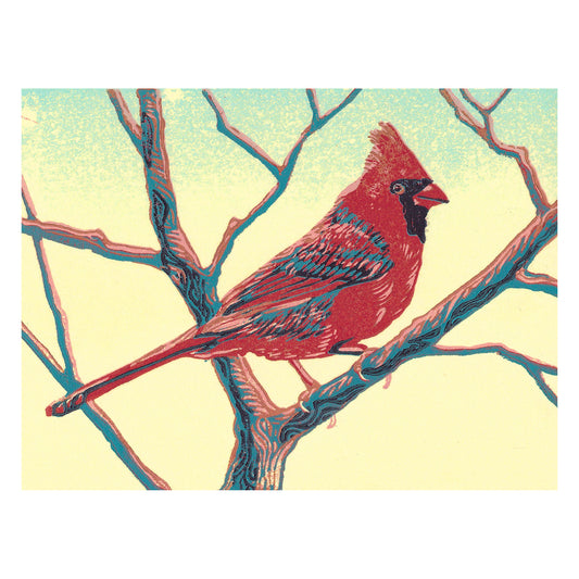Cardinal, an original block print by Natalia Wohletz of Peninsula Prints, Mackinac Island, Michigan.