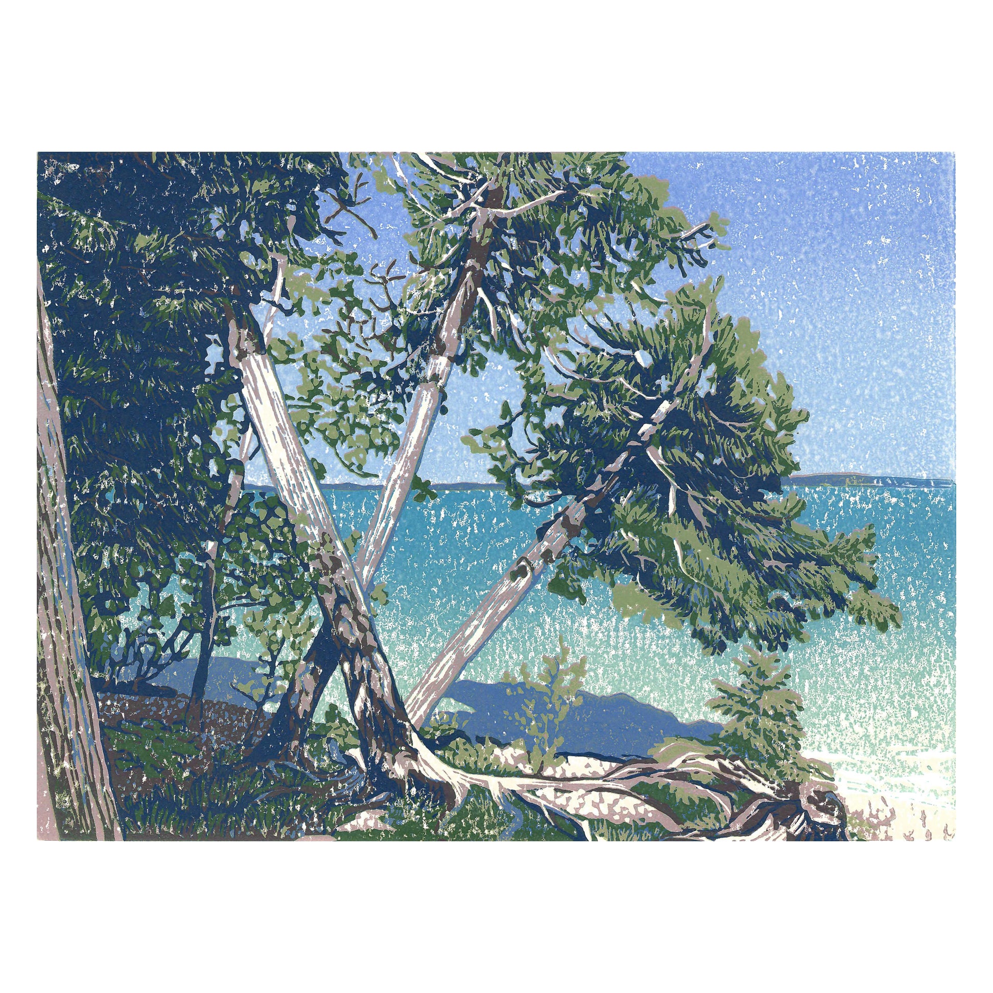 Cedar Beach Original Block Print by Natalia Wohletz of Peninsula Prints, Mackinac Island, Michigan.