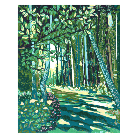Cedar Trail  Original Block Print by Natalia Wohletz of Peninsula Prints, Mackinac Island, Michigan.