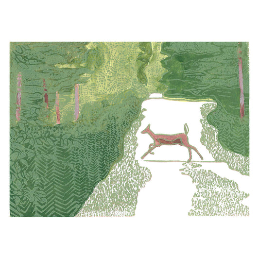 Doe Crossing  Original Block Print by Natalia Wohletz of Peninsula Prints, Milford, Michigan.