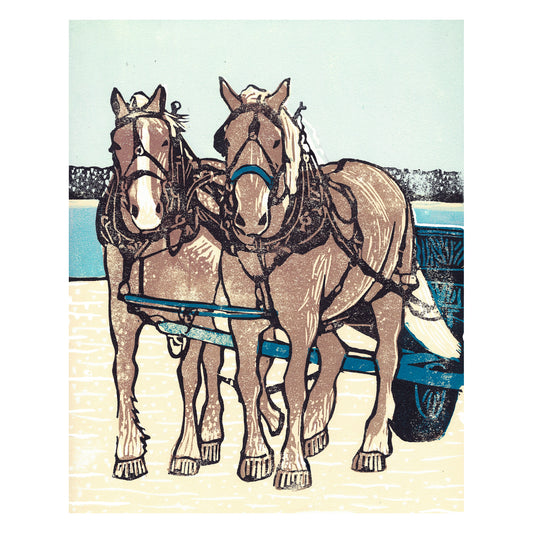 Dray Team on the Dock  Original Block Print by Natalia Wohletz of Peninsula Prints, Mackinac Island, Michigan.