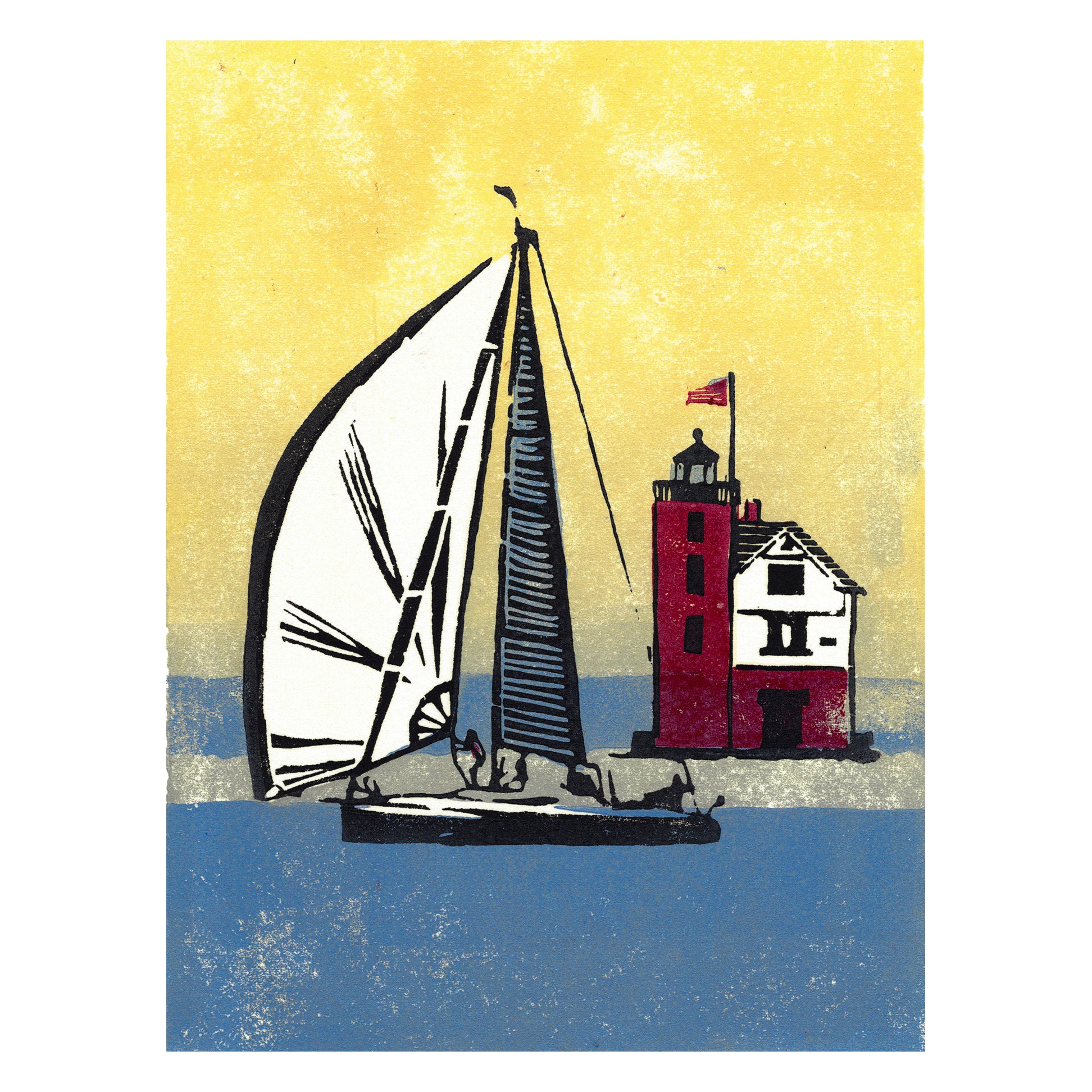 Foggy Finish  Original Block Print by Natalia Wohletz of Peninsula Prints, Mackinac Island, Michigan.