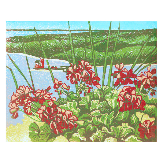 Grand Geranium View  Original Block Print by Natalia Wohletz of Peninsula Prints, Mackinac Island, Michigan.