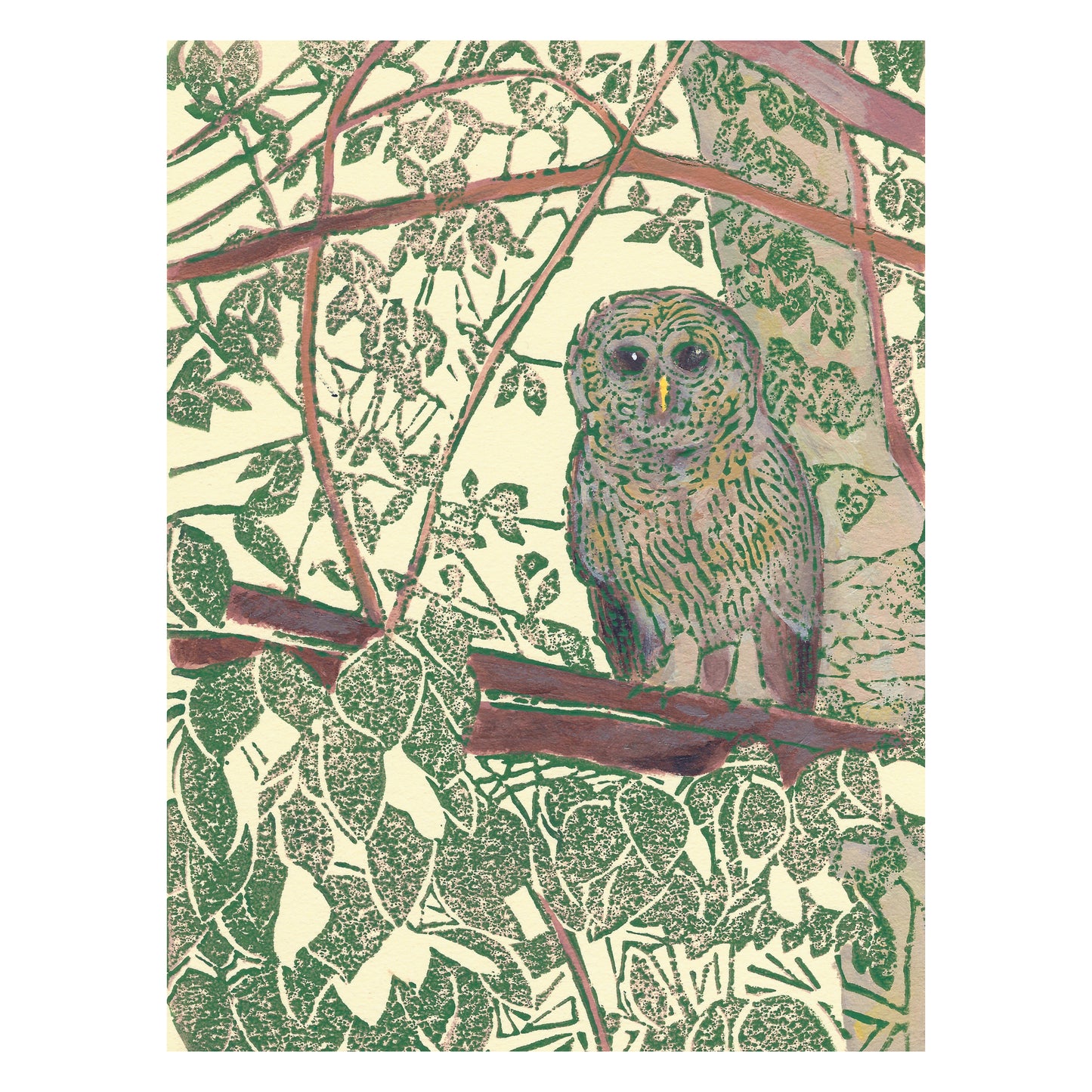 Hidden Owl  Original Block Print by Natalia Wohletz of Peninsula Prints, Mackinac Island, Michigan.