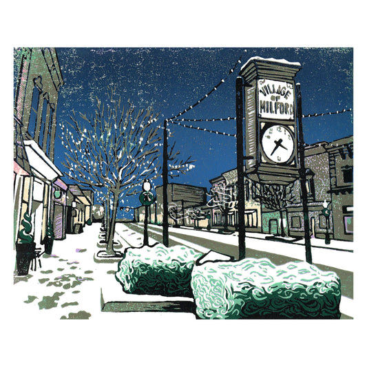 Milford Lights  Original Block Print by Natalia Wohletz of Peninsula Prints, Village of Milford, Michigan.