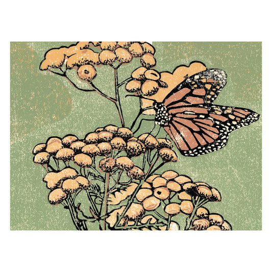 Monarch on Tansy  Original Block Print by Natalia Wohletz of Peninsula Prints, Mackinac Island, Michigan.