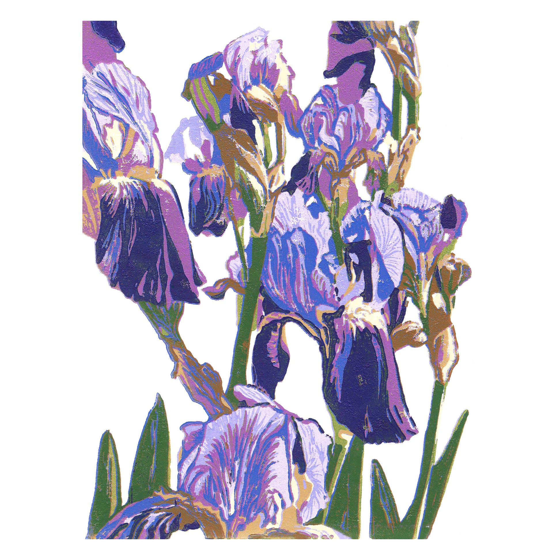 Purple Irises  Original Block Print by Natalia Wohletz of Peninsula Prints, Mackinac Island, Michigan.