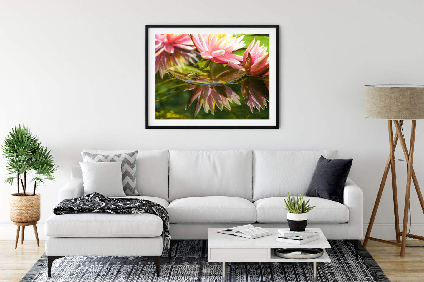 Photo printed on fine art paper, matted and framed and hung over couch.