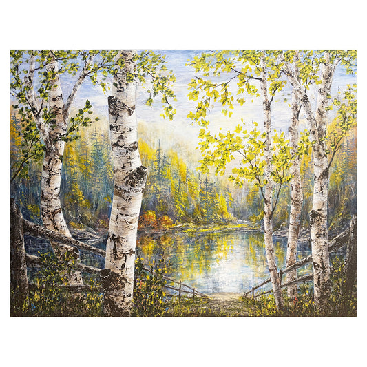 A stunning original painting of birch trees and inland lake by Gerd Schmidt that showcases the beauty of quiet forest scenery.