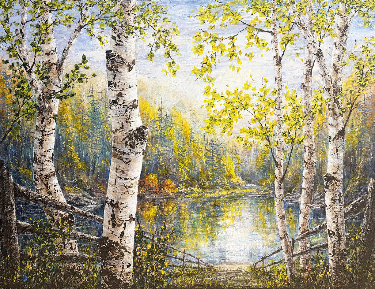 A stunning original painting of birch trees and inland lake by Gerd Schmidt that showcases the beauty of quiet forest scenery.