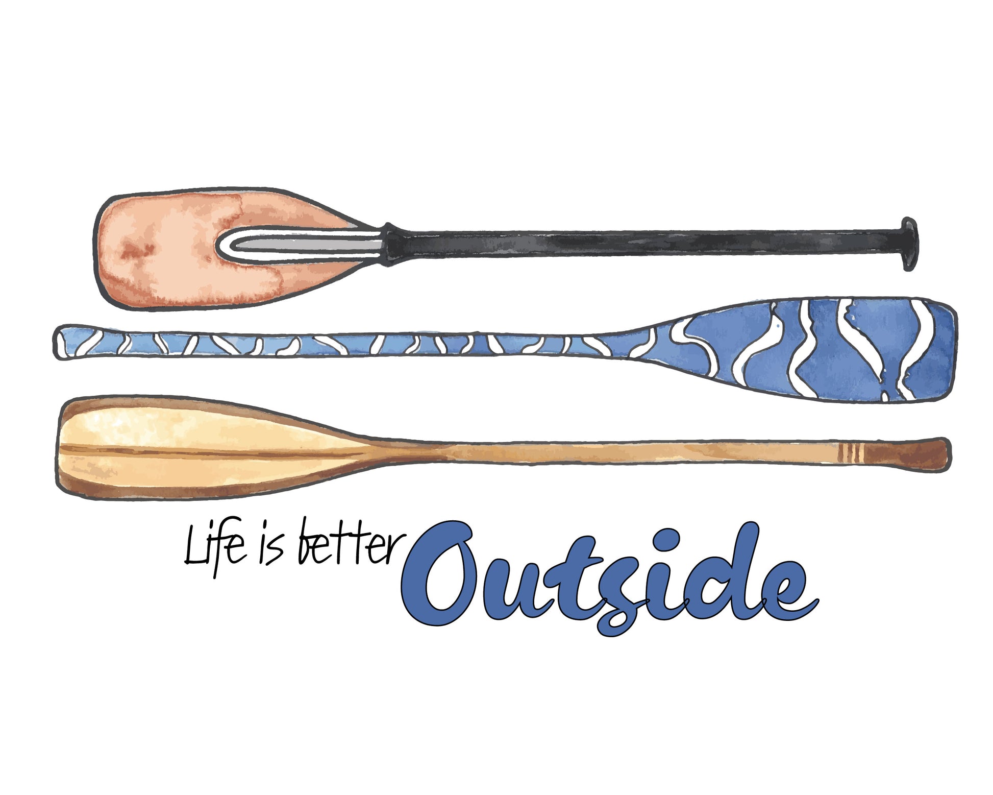 Art Print of a watercolor painting by Michigan artist Abigail Powers.  This print featuring three boat oars gives a feeling of warmth like Summertime and make you think of days on the lake. The saying reads “Life is better outside.” Well, because it really is! T