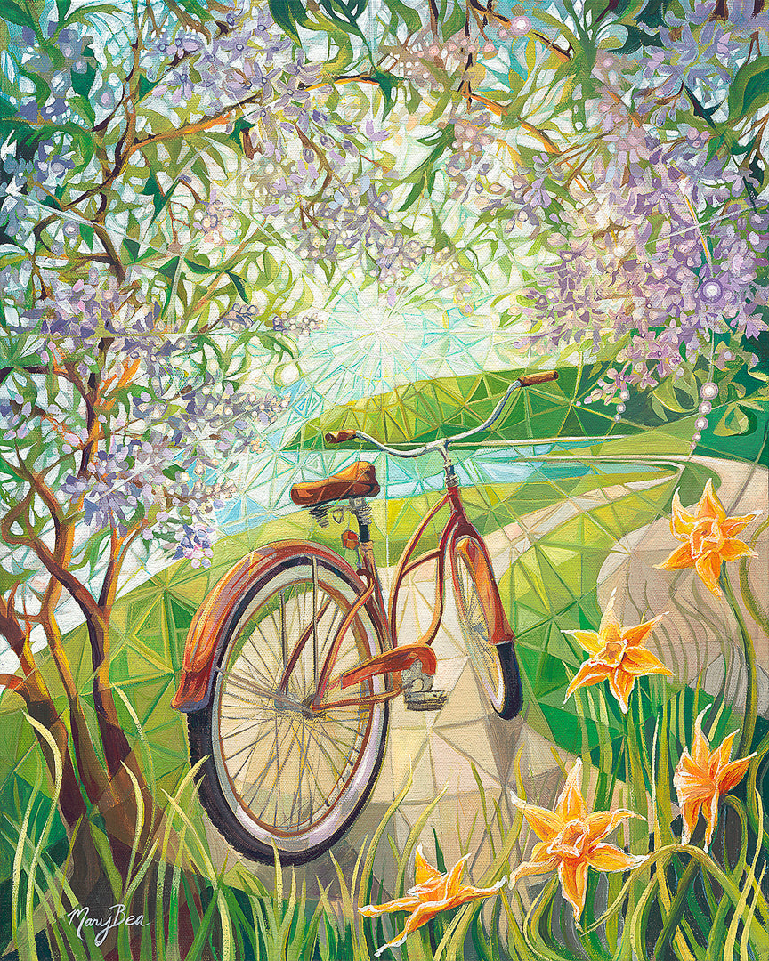 Lilac Daydream Fine Art Print by Mary Bea McWatters. Colorful illustration of a bicycle in a garden with flowers and trees