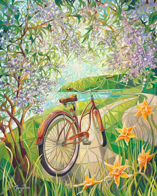 Lilac Daydream Fine Art Print by Mary Bea McWatters. Colorful illustration of a bicycle in a garden with flowers and trees