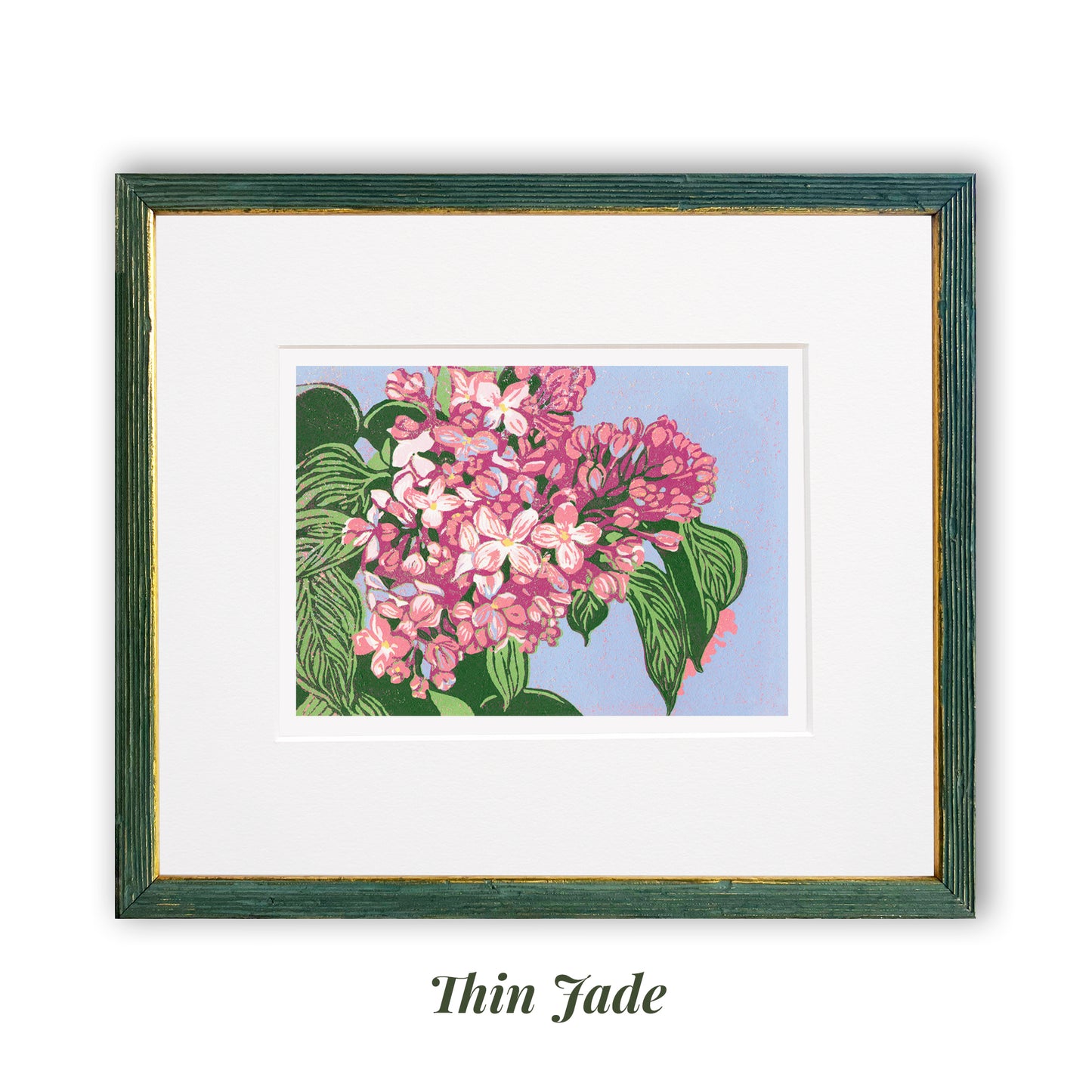 "Lilacs" is a 7"x5" seven-color reduction block print by Natalia Wohletz of pink lilacs with vibrant green leaves blooming against a periwinkle sky. Inspired by Mackinac Island lilacs. Gilded jade frame.