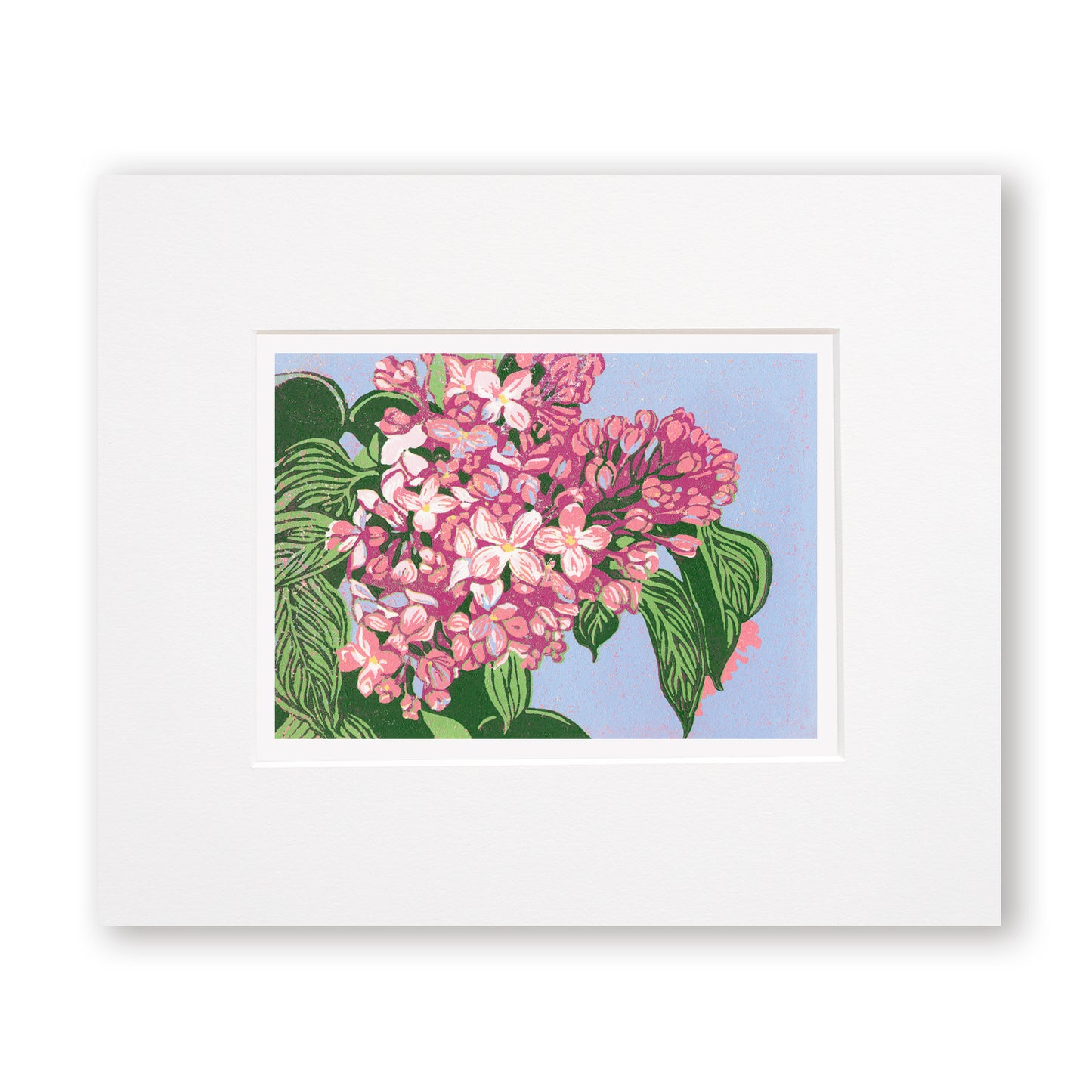 "Lilacs" is a 7"x5" seven-color reduction block print by Natalia Wohletz of pink lilacs with vibrant green leaves blooming against a periwinkle sky. Inspired by Mackinac Island lilacs.